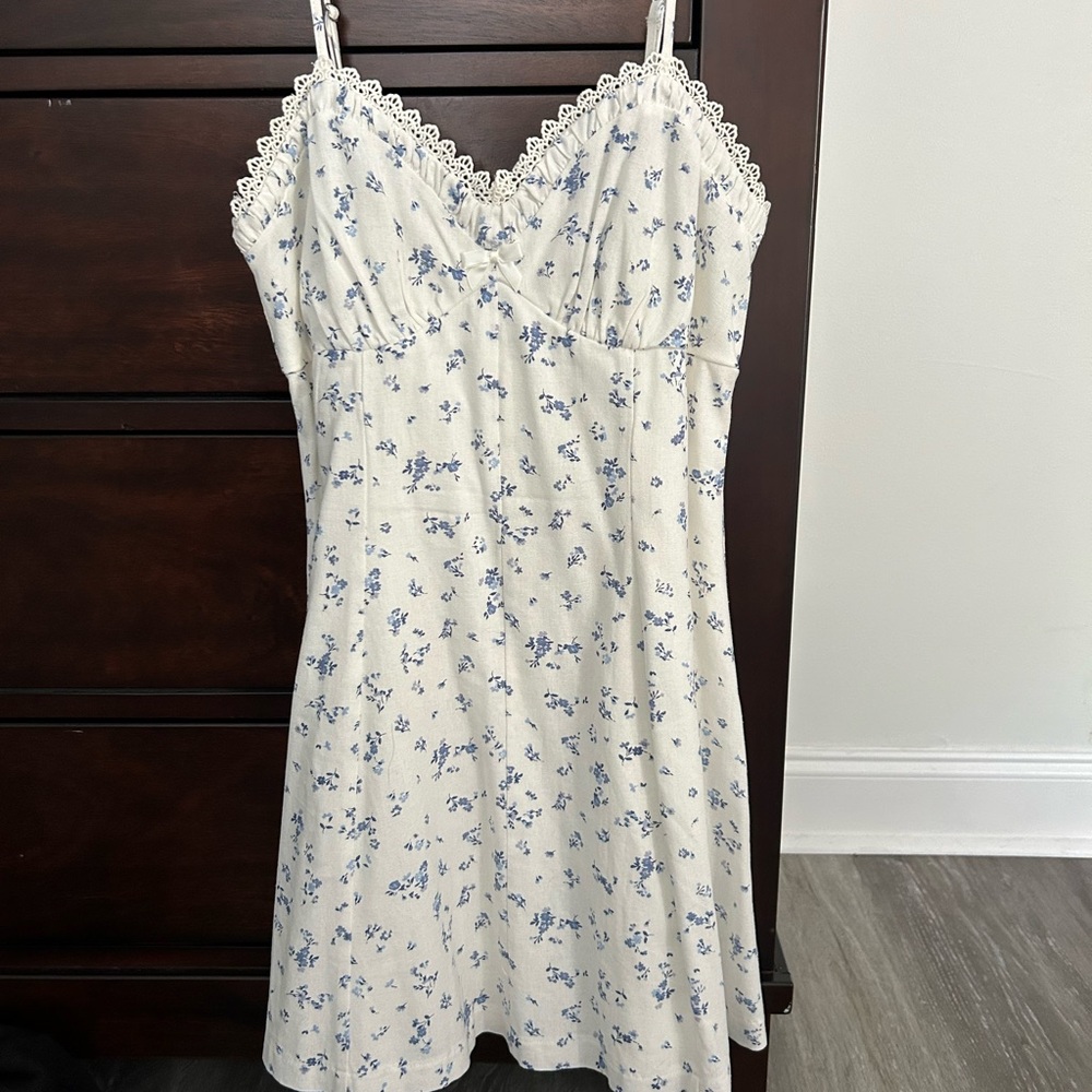 Altar'd State Cream Slip Dress with Blue Floral Lace Trim